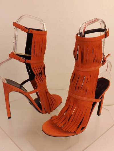 Pre-owned Gucci Dark Orange Suede Fringe Becky Gladiator Heel Tall Sandals 36.5 6.5