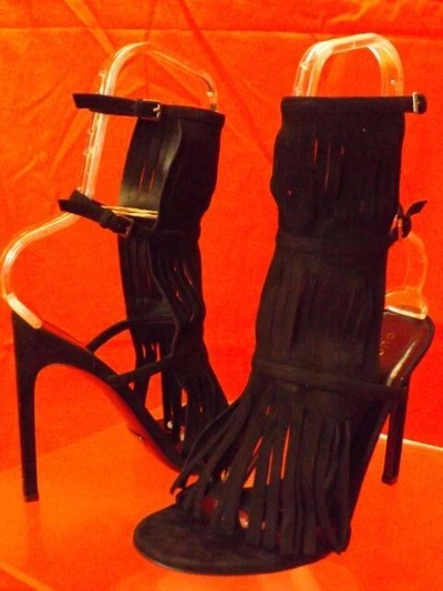 Pre-owned Gucci Black Suede Fringe Becky Gladiator Heel Tall Sandals 37 7