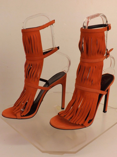 Pre-owned Gucci Dark Orange Suede Fringe Becky Gladiator Heel Tall Sandals 36.5 6.5