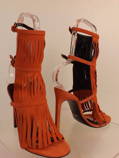 Pre-owned Gucci Dark Orange Suede Fringe Becky Gladiator Heel Tall Sandals 36.5 6.5