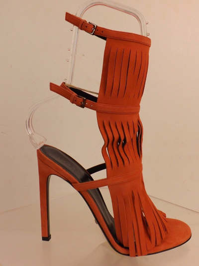 Pre-owned Gucci Dark Orange Suede Fringe Becky Gladiator Heel Tall Sandals 36.5 6.5
