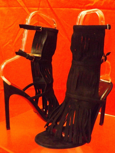 Pre-owned Gucci Black Suede Fringe Becky Gladiator Heel Tall Sandals 37 7