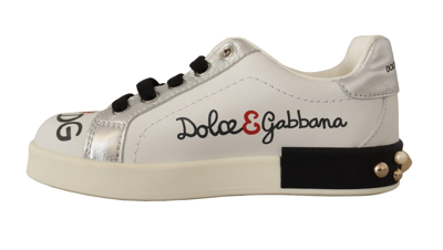 Pre-owned Dolce & Gabbana Kids Shoes White Leather Floral Studded Sneakers S.eu26 / Us9.5