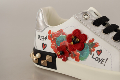 Pre-owned Dolce & Gabbana Kids Shoes White Leather Floral Studded Sneakers S.eu26 / Us9.5