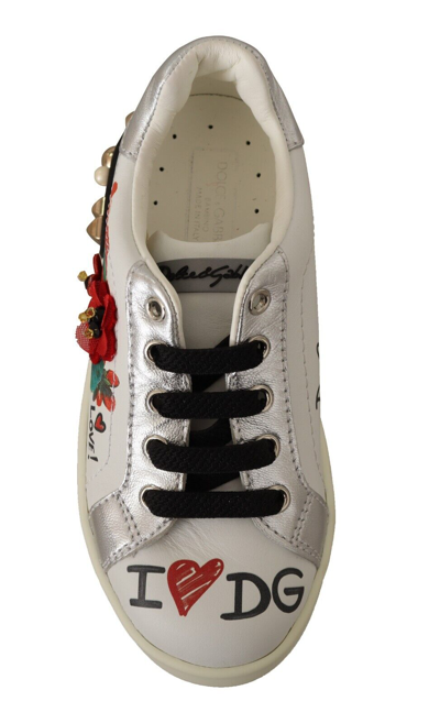 Pre-owned Dolce & Gabbana Kids Shoes White Leather Floral Studded Sneakers S.eu26 / Us9.5