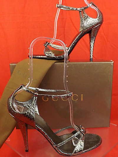 Pre-owned Gucci Gunmetal Python Leather Clear Stone Sandals Pumps 10 182032 In Gray