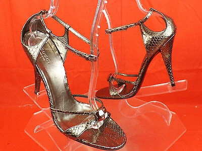 Pre-owned Gucci Gunmetal Python Leather Clear Stone Sandals Pumps 10 182032 In Gray