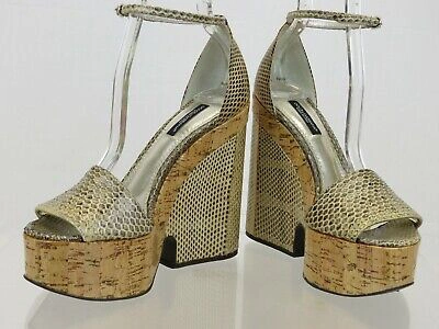 Pre-owned Dolce & Gabbana Ayers Sughero Python Leather Platform Wedges Sandals 36 In Beige