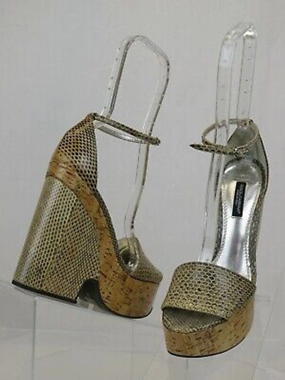 Pre-owned Dolce & Gabbana Ayers Sughero Python Leather Platform Wedges Sandals 36 In Beige