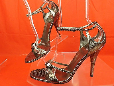 Pre-owned Gucci Gunmetal Python Leather Clear Stone Sandals Pumps 10 182032 In Gray