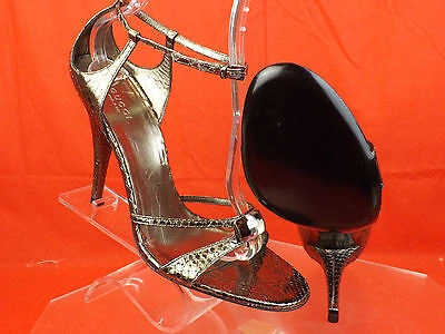 Pre-owned Gucci Gunmetal Python Leather Clear Stone Sandals Pumps 10 182032 In Gray