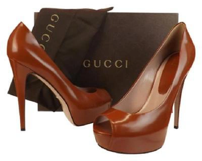 Pre-owned Gucci Rust Polish Leather Lili Peep Toe Hidden Platform Pumps 39 Us 9