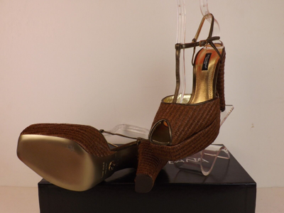 Pre-owned Dolce & Gabbana Brown Raffia Leather T Strap Platform Sandals Pumps 38.5 In Brown/bronze