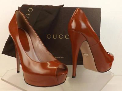 Pre-owned Gucci Rust Polish Leather Lili Peep Toe Hidden Platform Pumps 39 Us 9