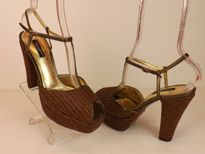 Pre-owned Dolce & Gabbana Brown Raffia Leather T Strap Platform Sandals Pumps 38.5 In Brown/bronze