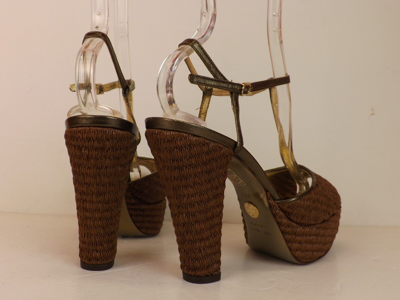 Pre-owned Dolce & Gabbana Brown Raffia Leather T Strap Platform Sandals Pumps 38.5 In Brown/bronze