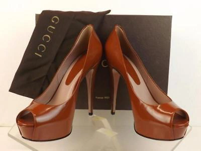 Pre-owned Gucci Rust Polish Leather Lili Peep Toe Hidden Platform Pumps 39 Us 9