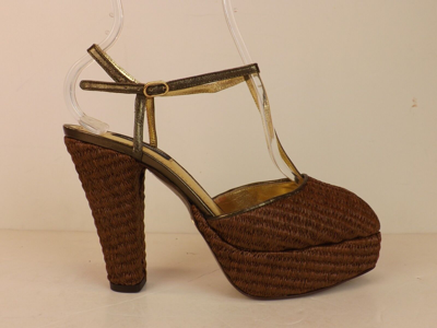 Pre-owned Dolce & Gabbana Brown Raffia Leather T Strap Platform Sandals Pumps 38.5 In Brown/bronze