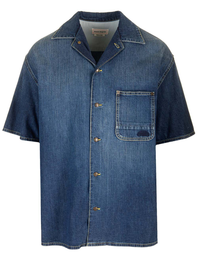 Shop Alexander Mcqueen Hawaiian Denim Shirt In Blue