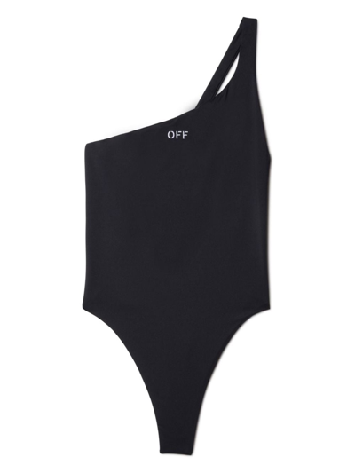 Shop Off-white Logo One Shoulder Swimsuit In Black