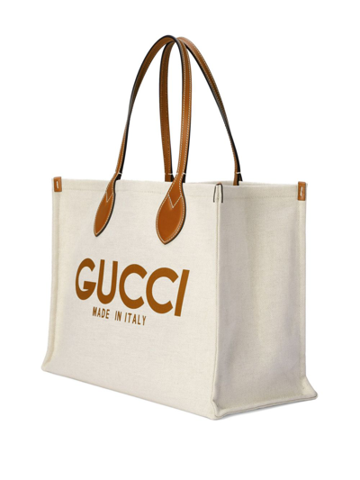 Shop Gucci Linen And Leathet Tote Bag In Beige