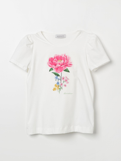 Monnalisa Floral-print Crew-neck T-shirt In Yellow Cream