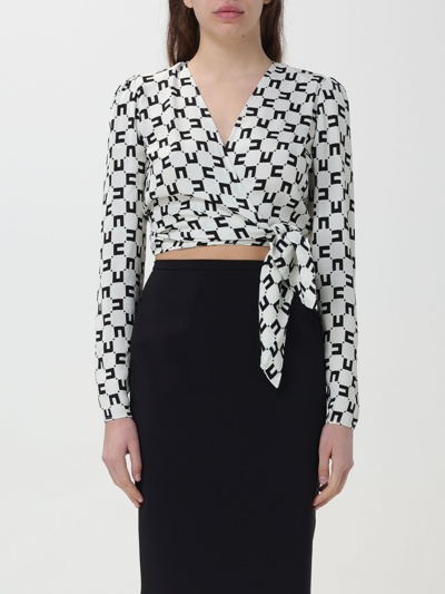 Elisabetta Franchi Georgette Logo Print Blouse With V-neck And Shoulder Pads In Yellow Cream