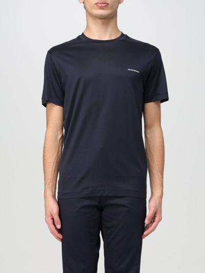 Emporio Armani Black T-shirt With Logo Lettering On The Front In Cotton And Lyocell Blend Man In Blue