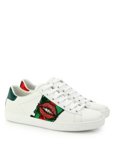 Shop Gucci Ace Lip-embroidered Leather Low-top Sneakers In White-multi