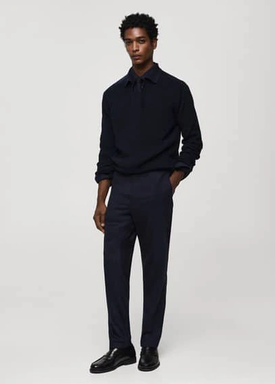 Shop Mango Ribbed Knit Polo Shirt Dark Navy In Bleu Marine Foncé
