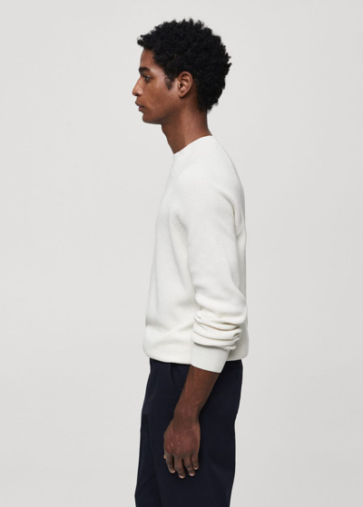 Shop Mango Ribbed Round-neck Sweater Off White In Blanc Cassé