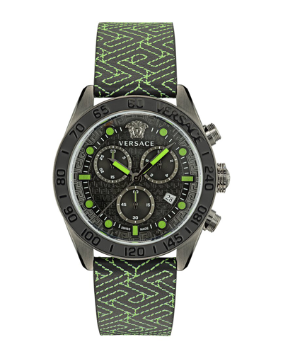 Versace Men's Greca Dome Chrono 43mm Ip Gunmetal Tone Stainless Steel & Leather Strap Watch