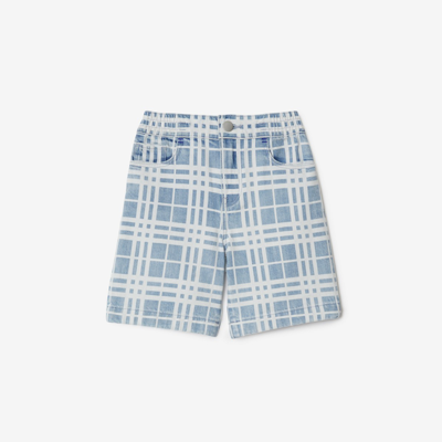 Shop Burberry Childrens Check Denim Shorts In Pale Blue