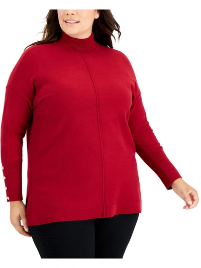 Shop Anne Klein Plus Womens Embellished Ribbed Trim Mock Turtleneck Sweater In Red