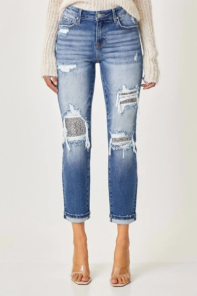 Shop Risen Mid-rise Sequins Patched Jeans In Medium Wash In Multi