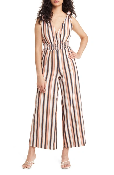 Shop Adelyn Rae Striped Shoulder Tie Jumpsuit In Coral In Pink