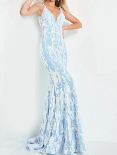 Jovani Slinky Gown In Lt. Blue In Multi