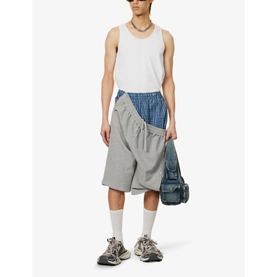 Shop Y/project Men's Light Grey Check Snap Off Layered Relaxed-fit Cotton-jersey Shorts