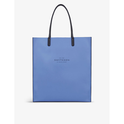 Shop Smythson Women's  Blue Kingly Logo-embossed Leather Tote Bag