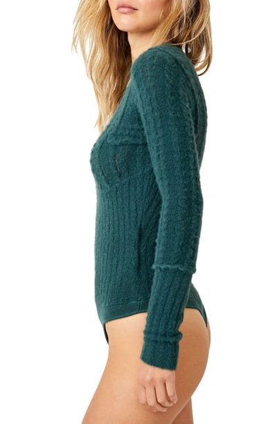 Shop Free People Keep Me Warm Cable Stitch Bodysuit In Forest Pool