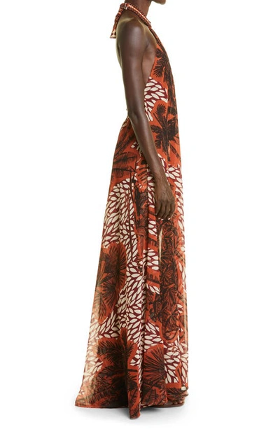 Shop Johanna Ortiz Victoria Falls Tropical Print Halter Neck Chiffon Maxi Dress In Black/ Red Plum/ Turquoise