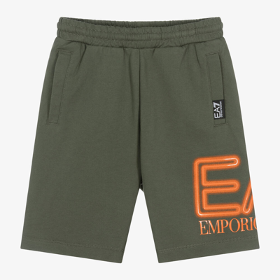 Shop Ea7 Emporio Armani Boys Khaki Green Cotton Oversized Shorts