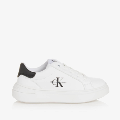 Shop Calvin Klein White Faux Leather Lace-up Trainers