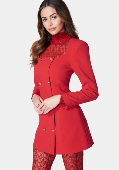 Bebe Open Back Turtle Neck Lace Catsuit In Salsa