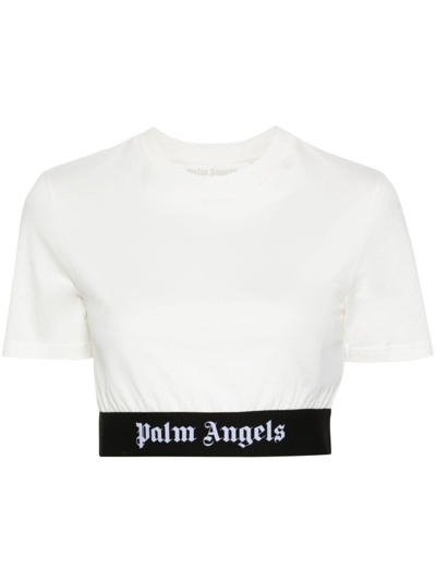 Shop Palm Angels Logo Cotton Cropped T-shirt In White