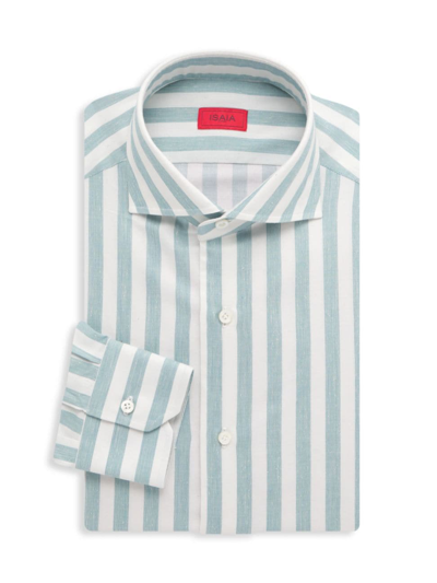 Shop Isaia Men's Striped Cotton-blend Dress Shirt In Green Stripe