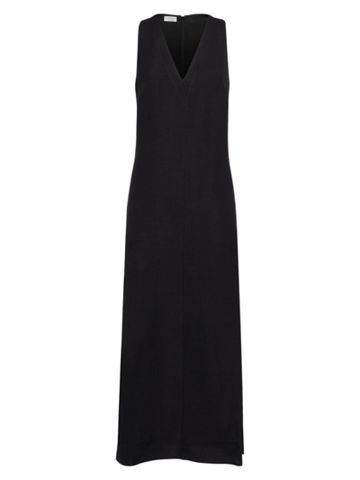 Shop Brunello Cucinelli Women's Viscose And Linen Fluid Twill Dress With Monili In Black