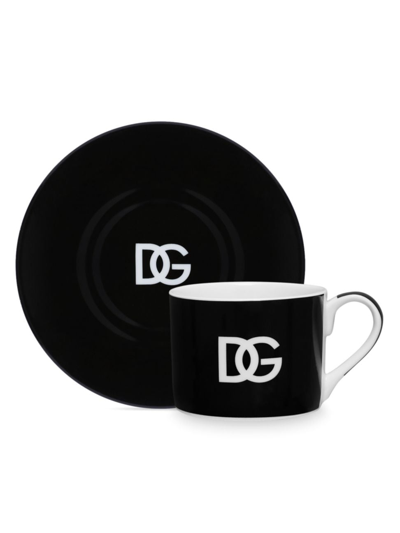 Shop Dolce & Gabbana Dg Logo 4-piece Teacup & Saucer Set In Black