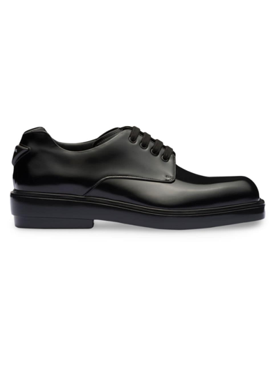 Shop Prada Men's Brushed Leather Derby Shoes In Black