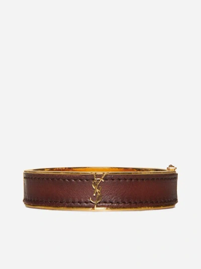 Shop Saint Laurent Leather And Metal Bracelet In Brown,gold